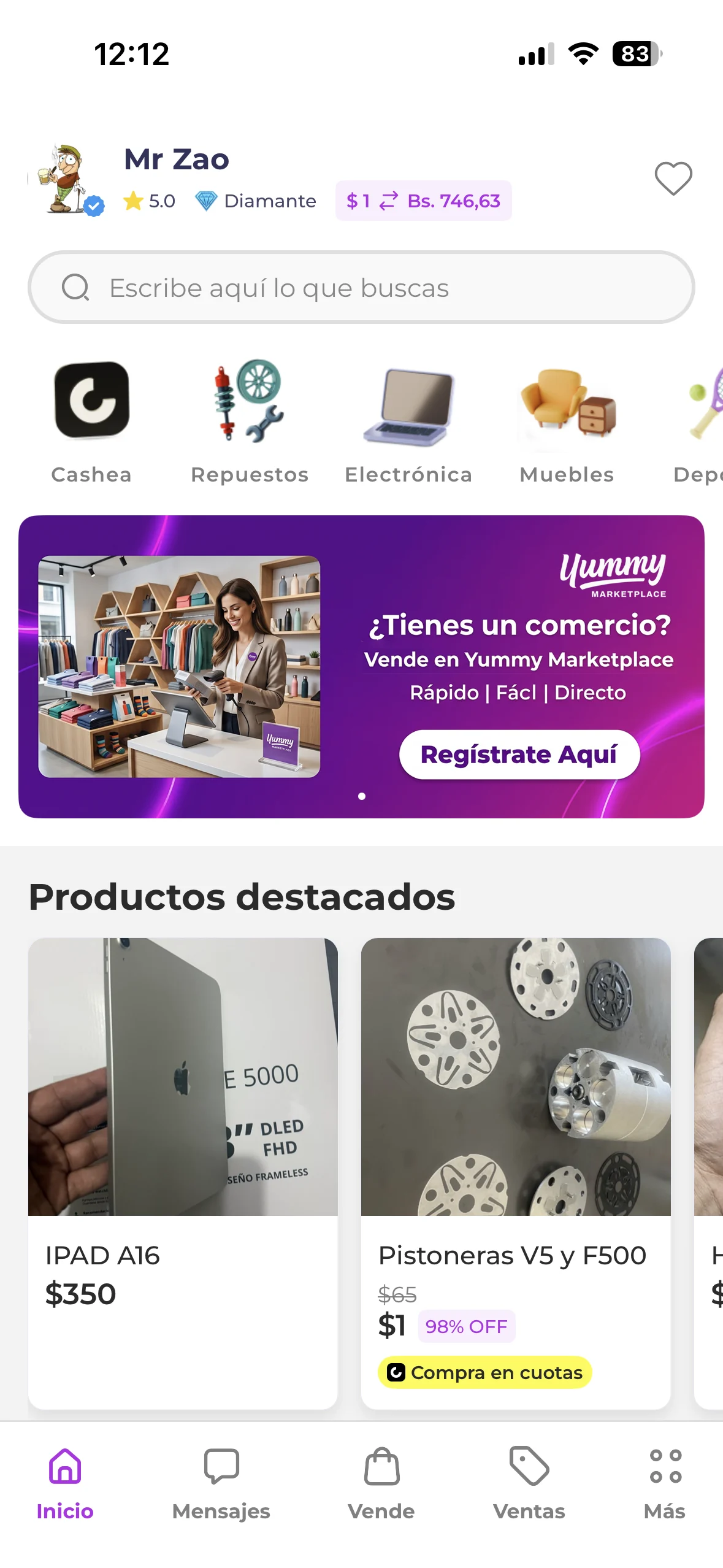 La app de Yummy Marketplace mostrando productos destacados en Venezuela