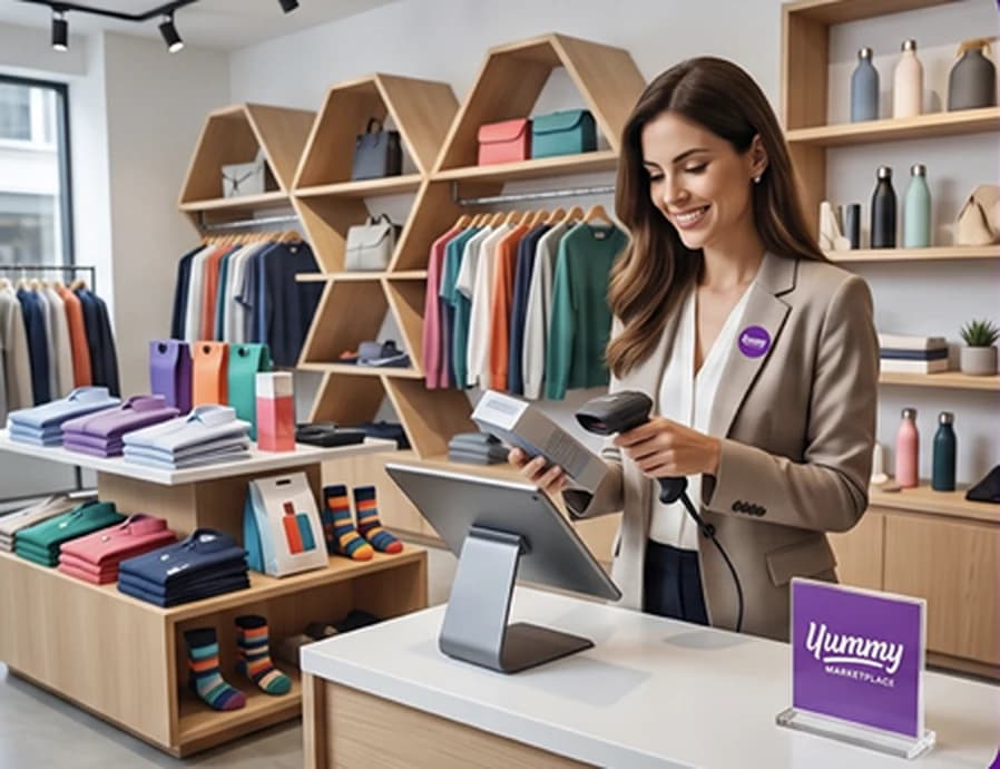 Una comerciante registrando productos en el punto de venta de su tienda